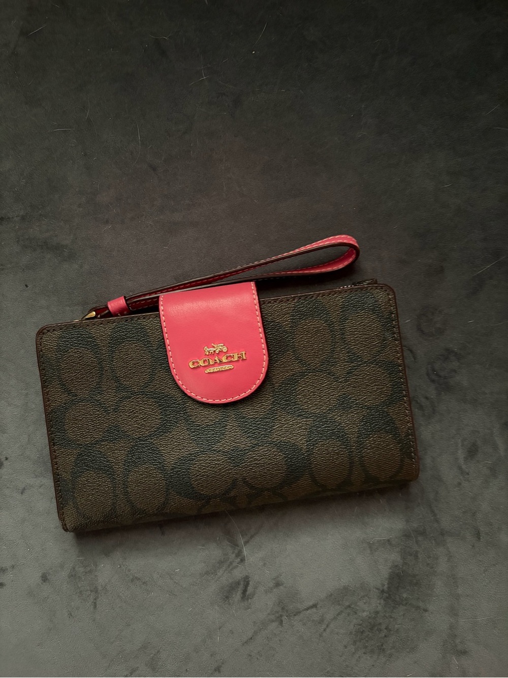 Coach Brown Signature Canvas Wristlet with Pink Leather Accent